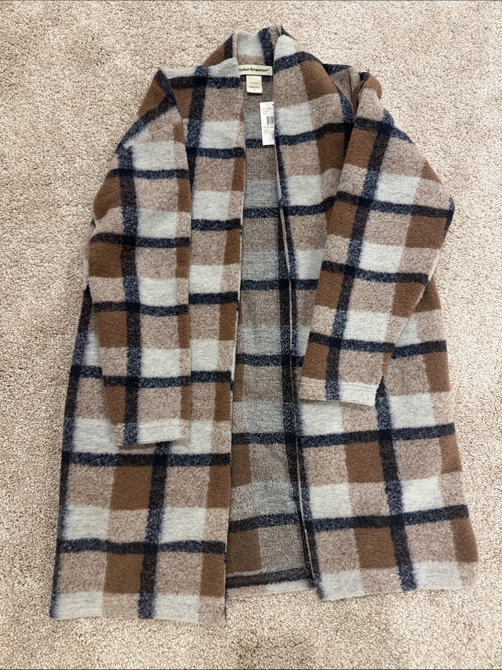 Cotton Emporium Plaid Coatigan in Tan, Cream & Navy